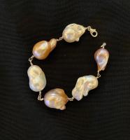 White and Peach Large Baroque Pearl Bracelet by Rebecca Mach