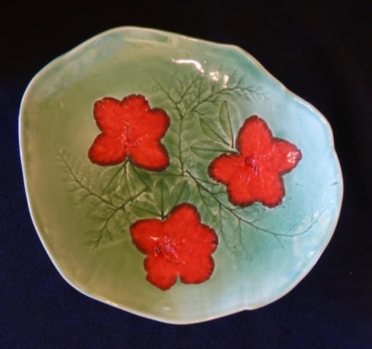 Green Plate with 3 Red Flowers by Birgitta Frazier