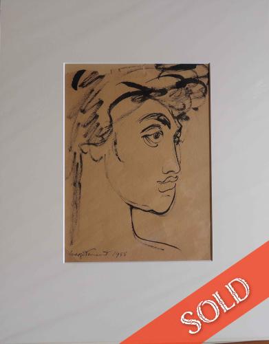 Female Face 2, Line Drawing, black Ink on tan paper by Madge Tennent %281889-1972%29