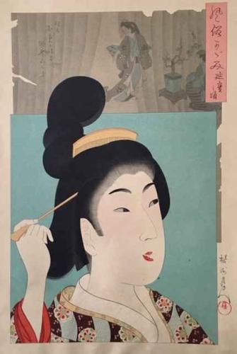 Geisha with Hair Pin by Toyohara Chikanobu (1838-1912)