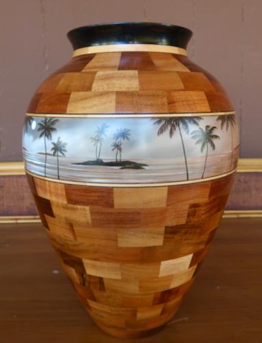 Mosaic Segmented Vessel with Palms & turning stand by Gregg Smith
