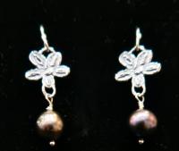 Tahitian Pearl Earrings with Silver Flower Charms by Rebecca Mach