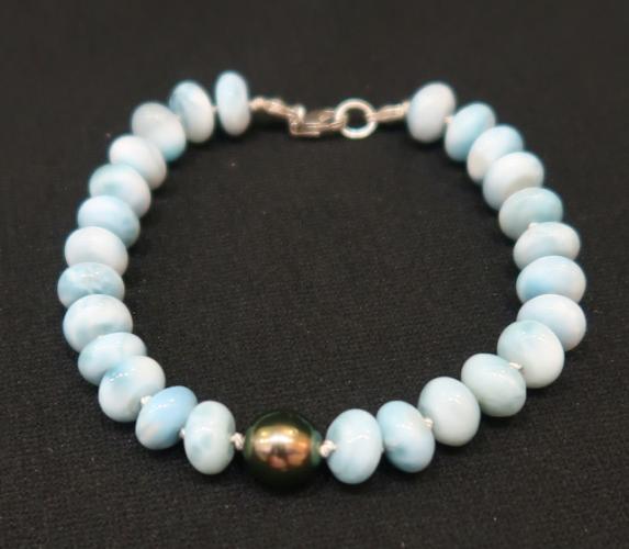 Polished Larimar Bead Bracelet with Black Tahitian Pearl by Rebecca Mach