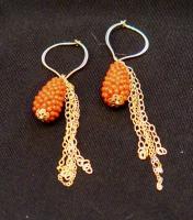 Italian Beaded Red Coral Earrings with Gold Chain Drops by Rebecca Mach