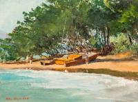 Catamaran at Kaʻaʻawa Beach by Peter Hayward (1905-1993)