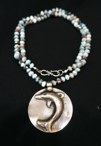 Dolphin Medallion on Natural Larimar Bead Necklace by Rebecca Mach