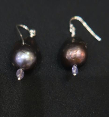 Black Baroque Pearl Earrings with Tanzanite Beads by Rebecca Mach