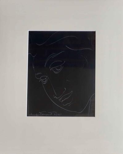 Female Face 6, Line Drawing, White Ink on Black by Madge Tennent %281889-1972%29