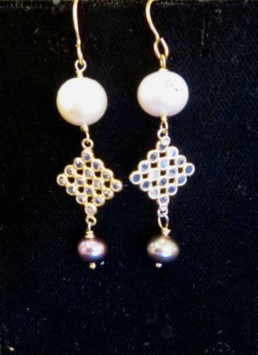 White Pearl & Yellow Gold Pave with Black Pearl Earrings by Rebecca Mach