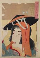 Geisha with Hat by Toyohara Chikanobu (1838-1912)