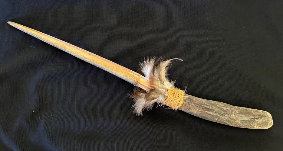 Marlin Dagger, Ohia handle, Rooster feathers by Mac Dunford