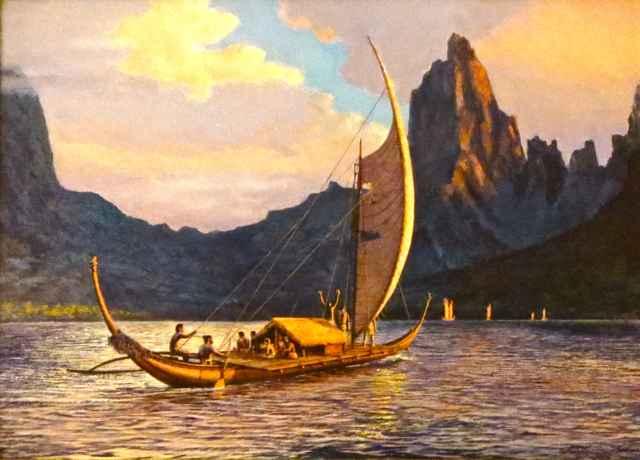 Canoe from Rurutu, in Austral Islands, Arrives at Mo'orea, Tahiti by Herb Kawainui Kane
