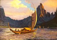 Canoe from Rurutu, in Austral Islands, Arrives at Mo'orea, Tahiti by Herb Kawainui Kane (1928-2011)