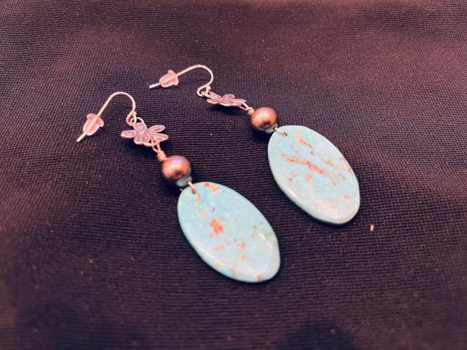 Kingman Turquoise Earrings with Artisan Flower Charms and Peacock Tahitian Pearls by Rebecca Mach