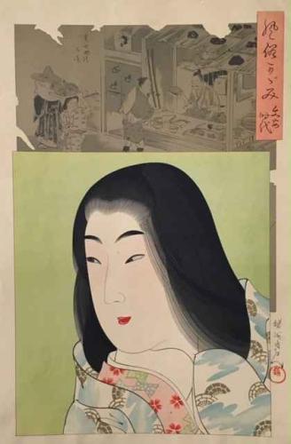Geisha with Green Screen by Toyohara Chikanobu (1838-1912)