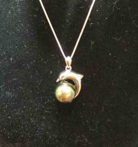 Tahitian Black Pearl Necklace with Sterling Silver Dolphin by Mac Dunford