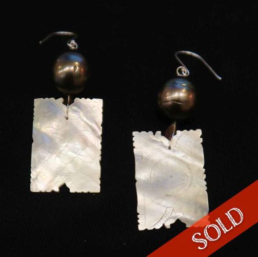 Tahitian Black Pearl with Chinese Gambling Chip Earrings by Rebecca Mach
