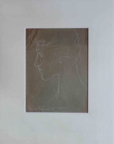 Female Face 5, Line Drawing, white ink on olive by Madge Tennent %281889-1972%29